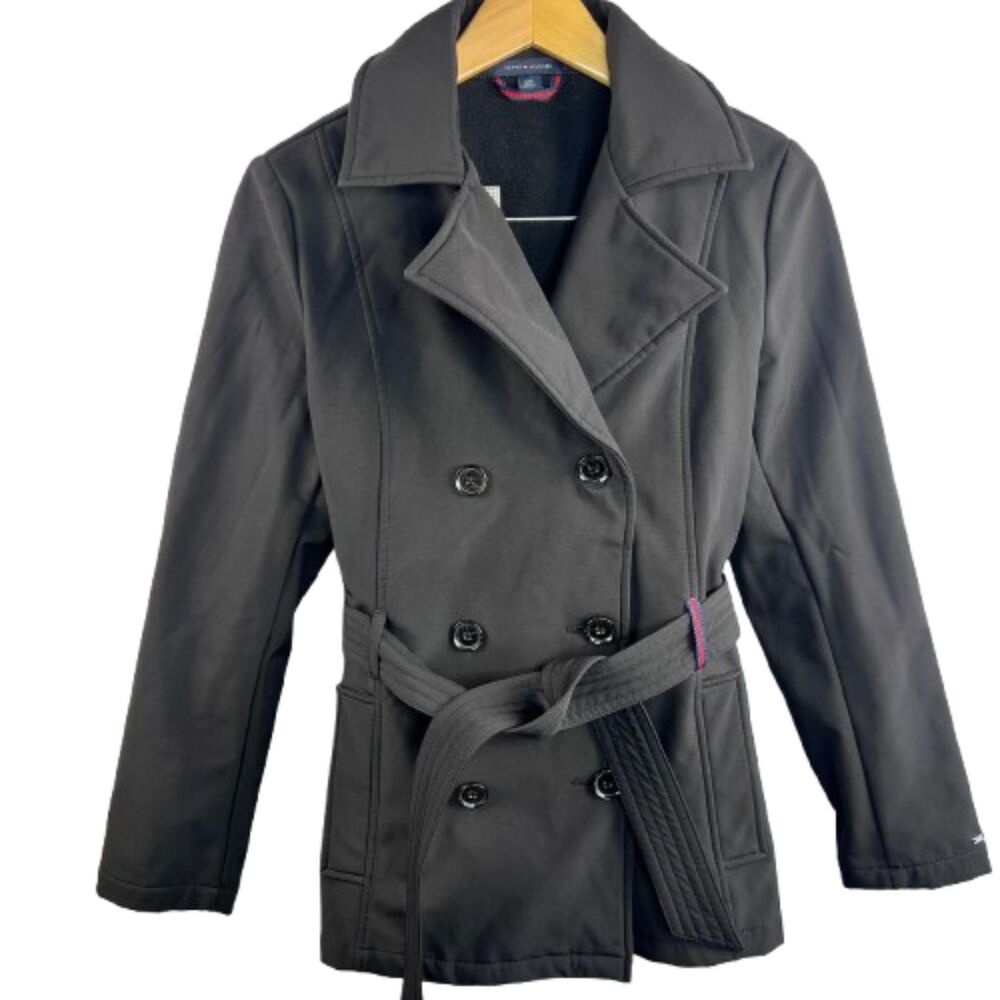 Tommy Hilfiger Women's Black Belted Double Breasted Fleece Trench Coat Size S